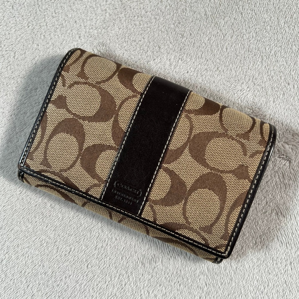 Coach Signature Jacquard Medium Wallet Brown Leather Trim Zip Pocket 5.5x4